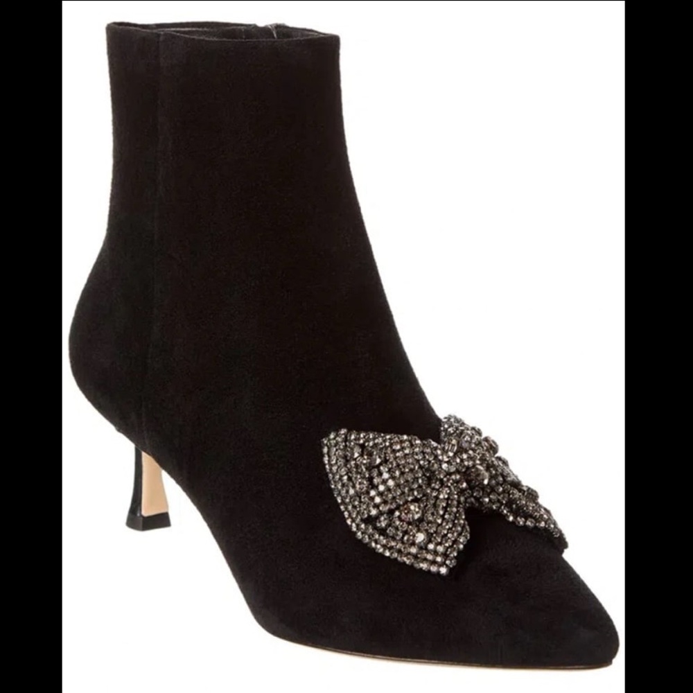 New Tory Burch Crystal Embellished Bow Boot Bootie Black Suede Sz 6 Kitten Heel